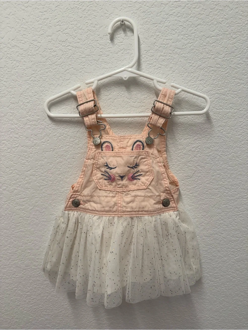 OshKosh B'gosh Peach Embroidered Bunny Overall Dress with White Tulle Skirt